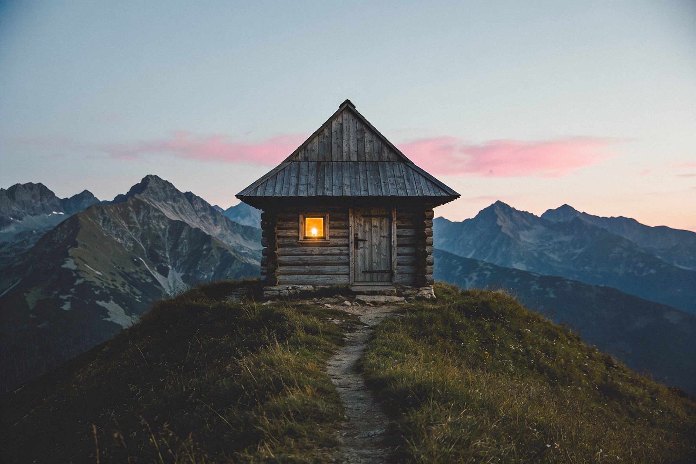 A small wooden mountain shelter on a grassy saddle at dusk, a warm light in its window.