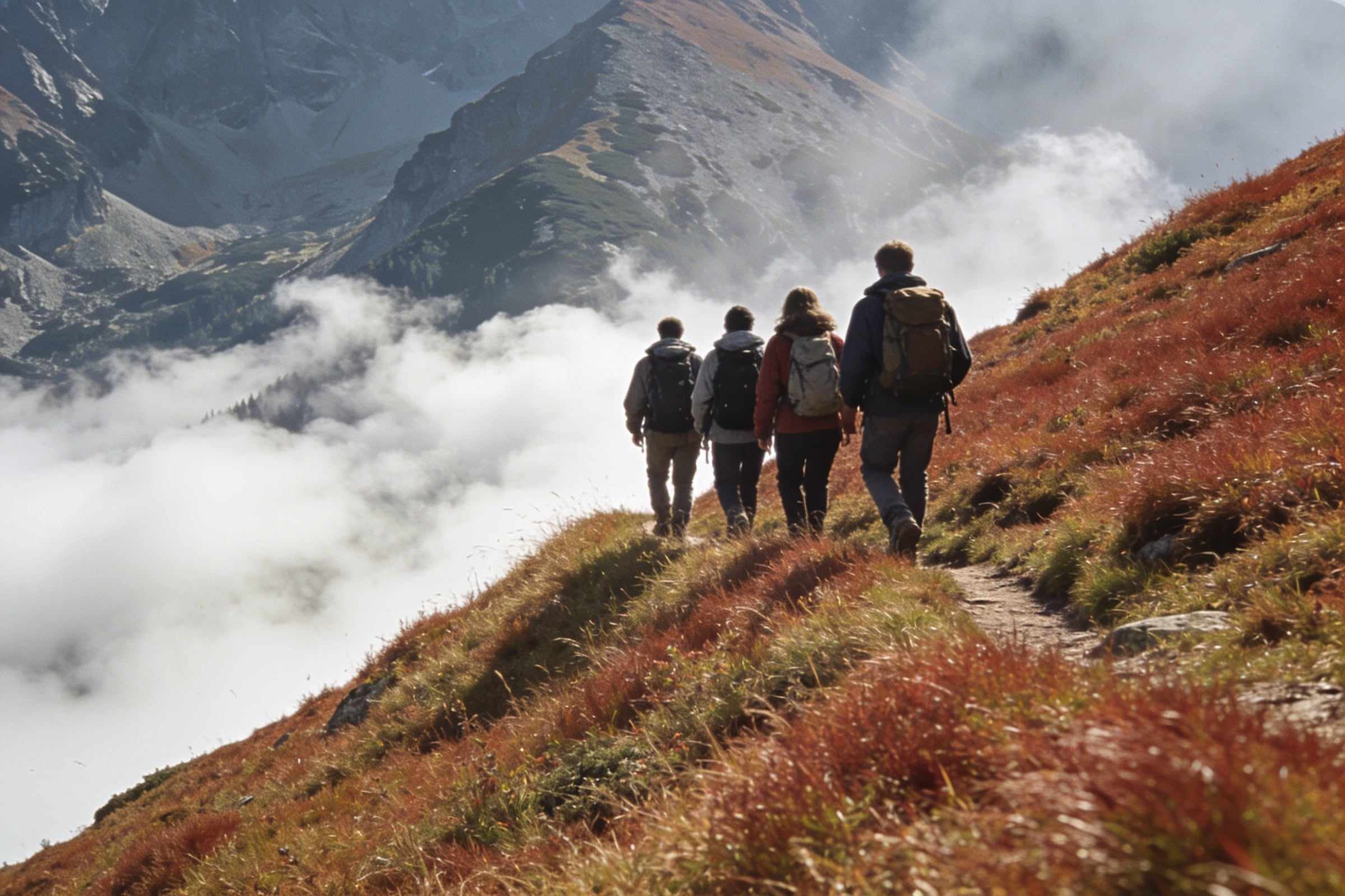 Four hikers walking in single file along a rust-coloured grassy ridge above a sea of clouds.