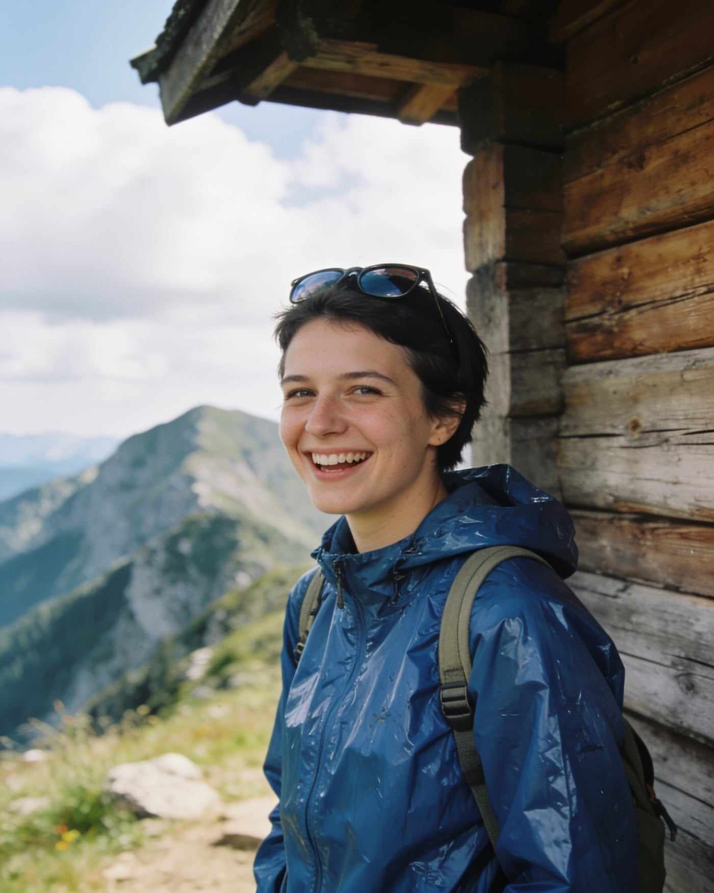 A laughing young woman with short dark hair and a blue rain jacket by a wooden mountain shelter.