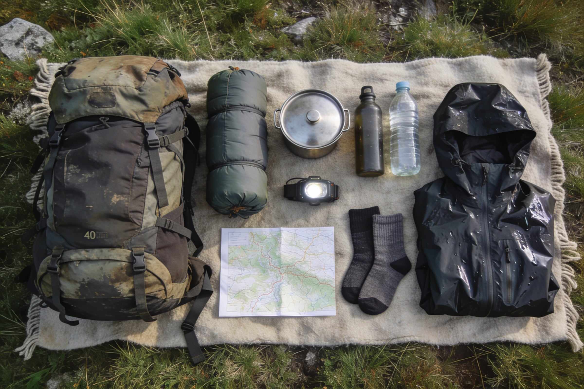 Hiking gear laid out on a wool blanket on mountain grass: a backpack, a sleeping bag, a pot, bottles, a map and a rain jacket.