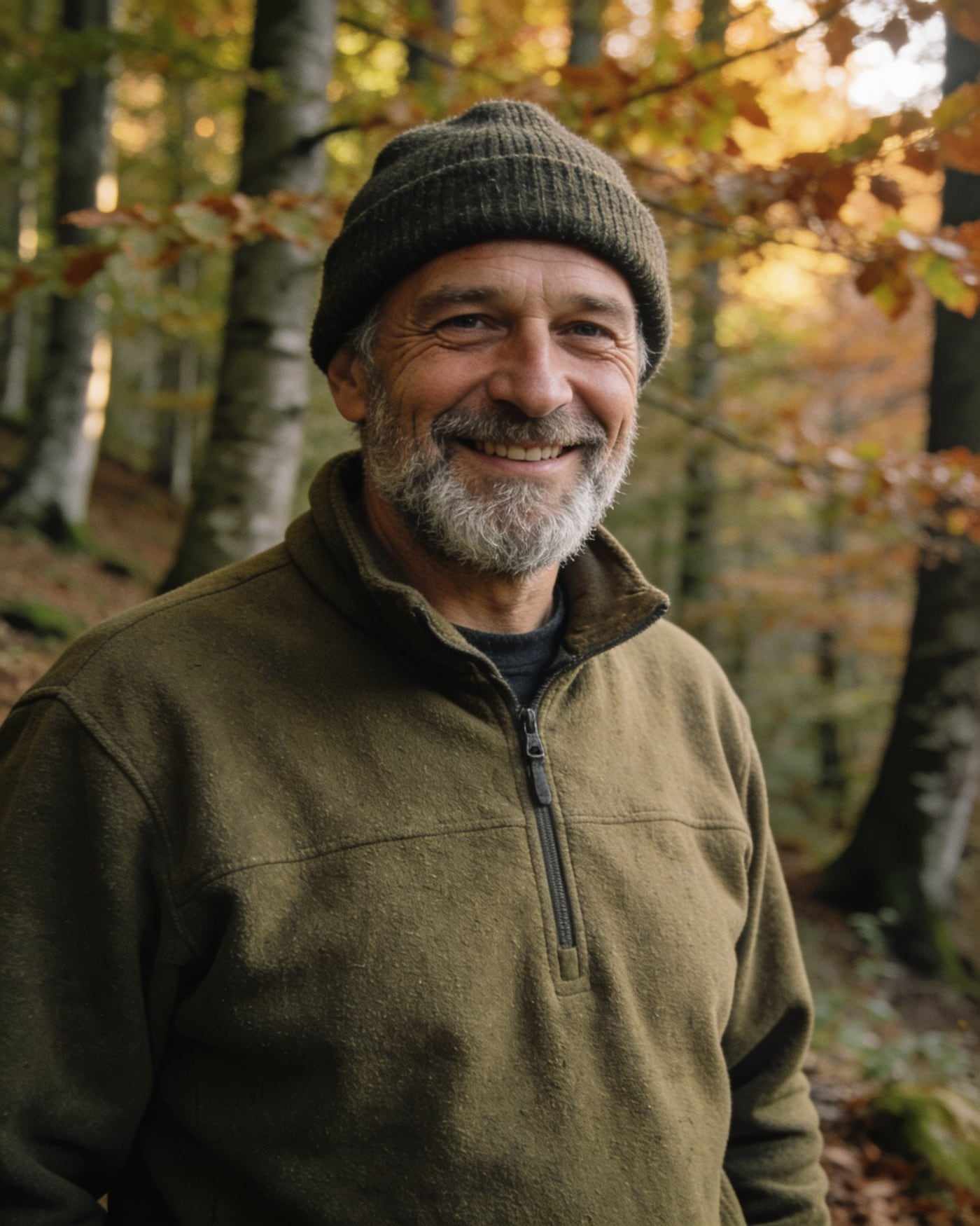 A smiling grey-bearded man in a wool hat and an olive fleece at the edge of an autumn beech forest.