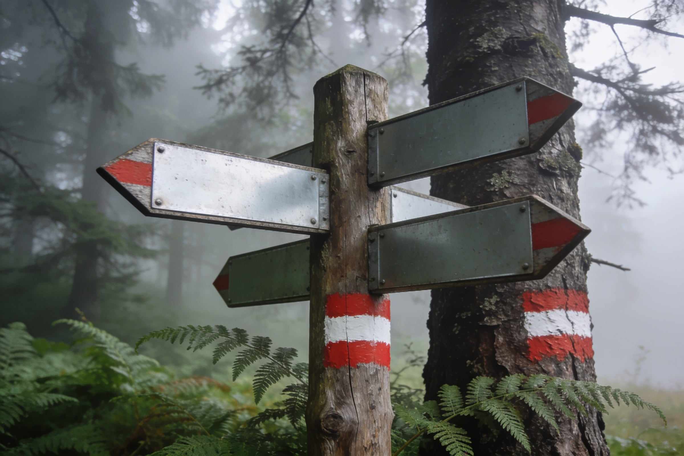 A wooden signpost with blank plates at a misty forest junction, with red-white-red marks on the post and a tree.