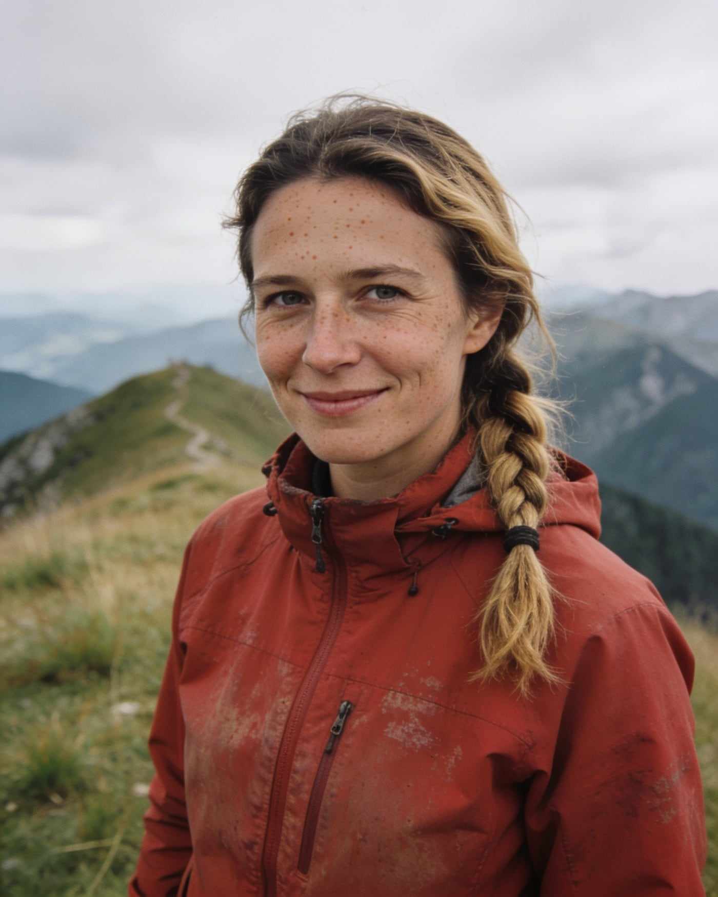 A smiling woman with a blond braid and a red jacket on a grassy mountain ridge.
